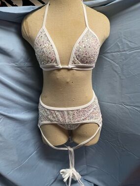 Sequin-Embellished White Triangle Bralette, Thong & High-Waist Garter